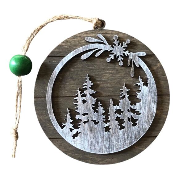 Whimsical Brown Rustic Etched Silver Trees Brown Ornament Hand Painted Wood - Picture 2 of 8